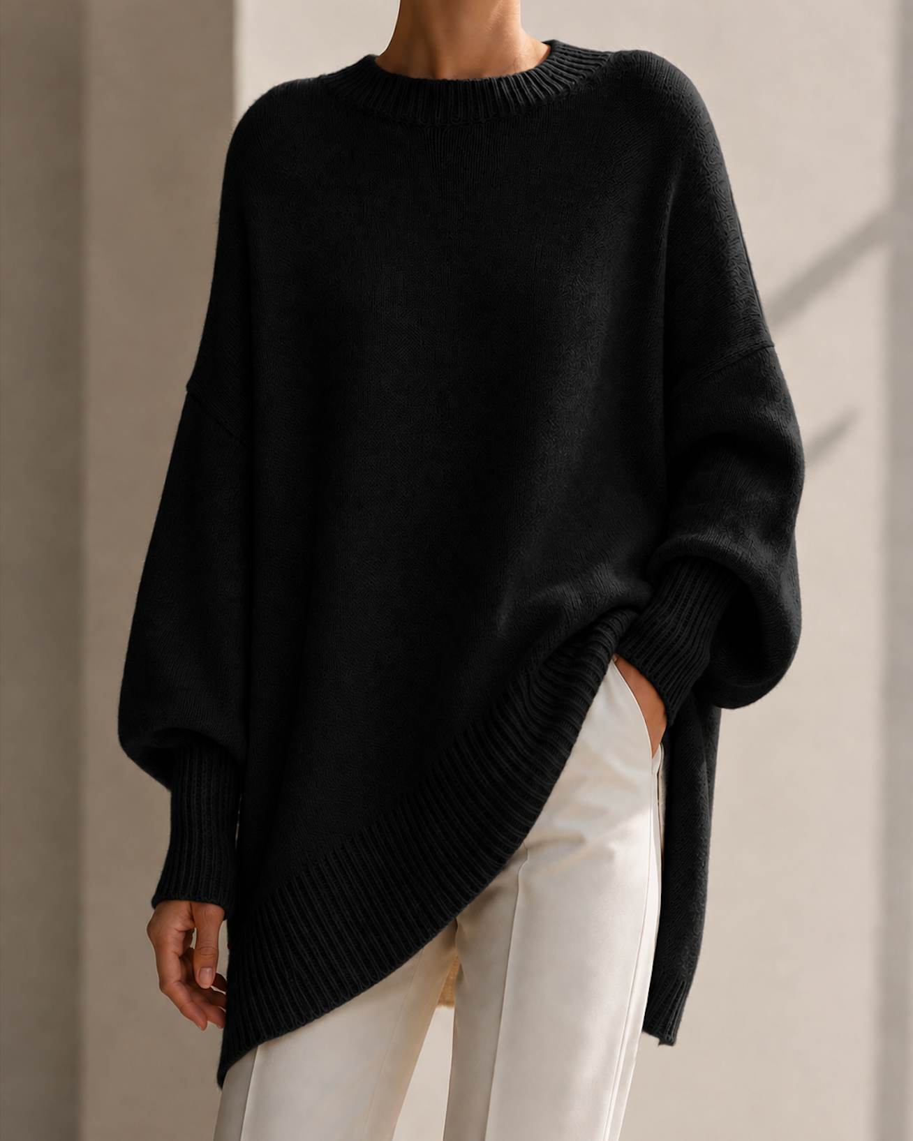 Pull oversize femme en maille noir avec manches longues 