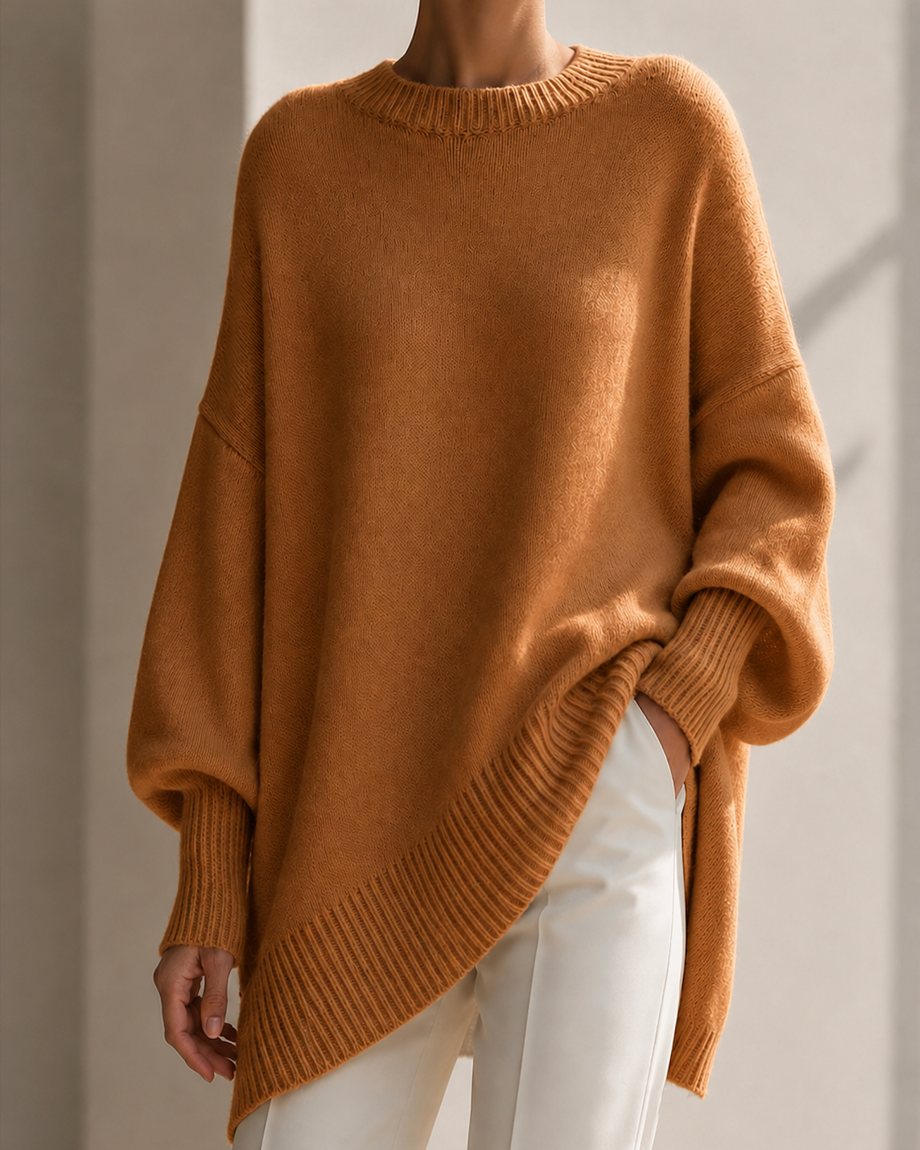 Pull oversize femme en maille  marron avec manches longues 