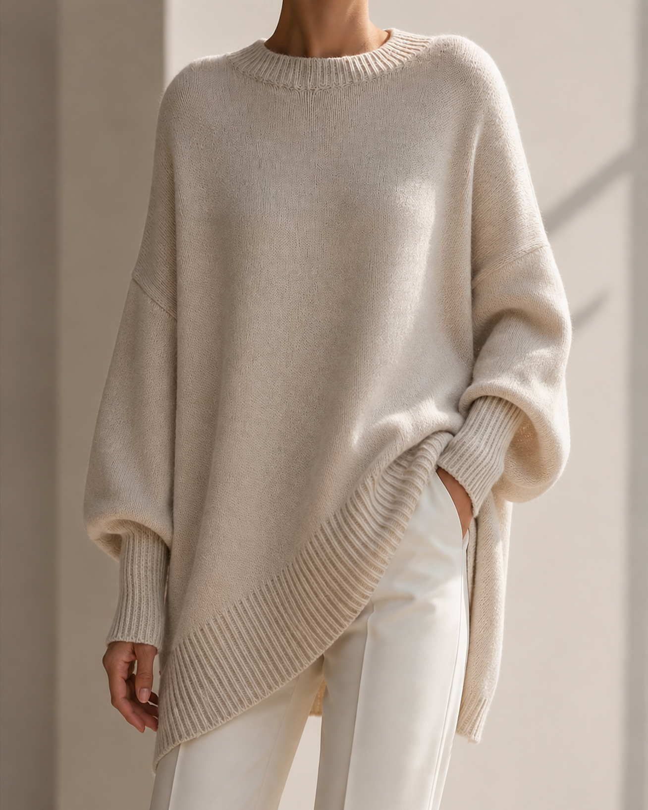 Pull oversize femme en maille crème avec manches longues 