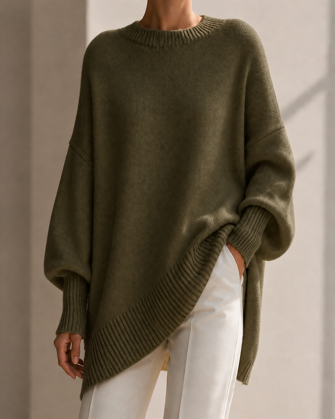 Pull oversize femme en maille olive avec manches longues 