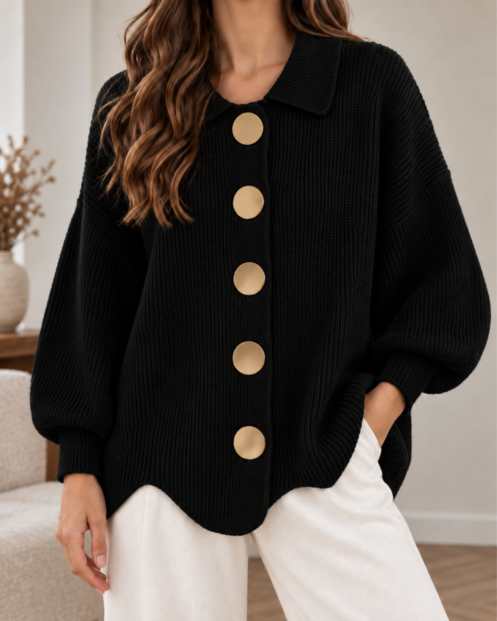 Pull oversize femme noir en maille côtelée, à col chemise, manches longues bouffantes et gros boutons dorés, porté avec un pantalon blanc.