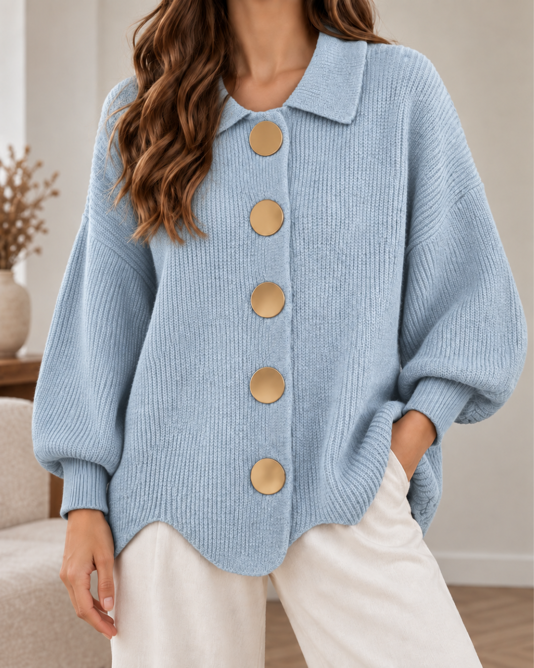 Pull oversize femme bleu en maille côtelée, à col chemise, manches longues bouffantes et gros boutons dorés, porté avec un pantalon blanc.