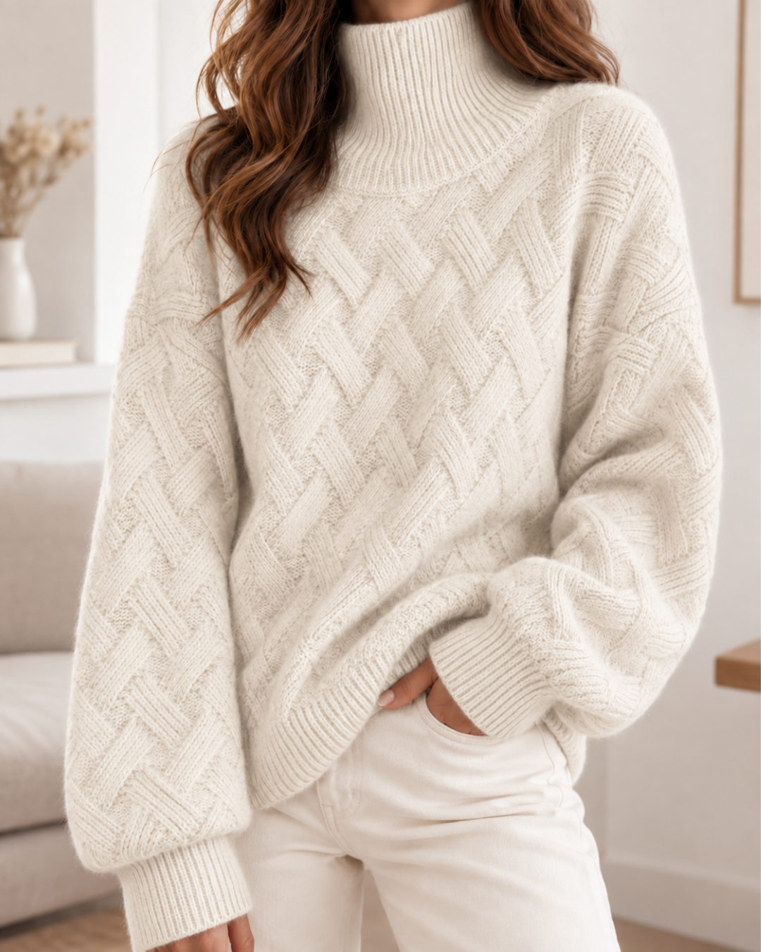 Pull blanc en maille texturée pour femme à col montant, motif tressé et manches longues, coupe décontractée.