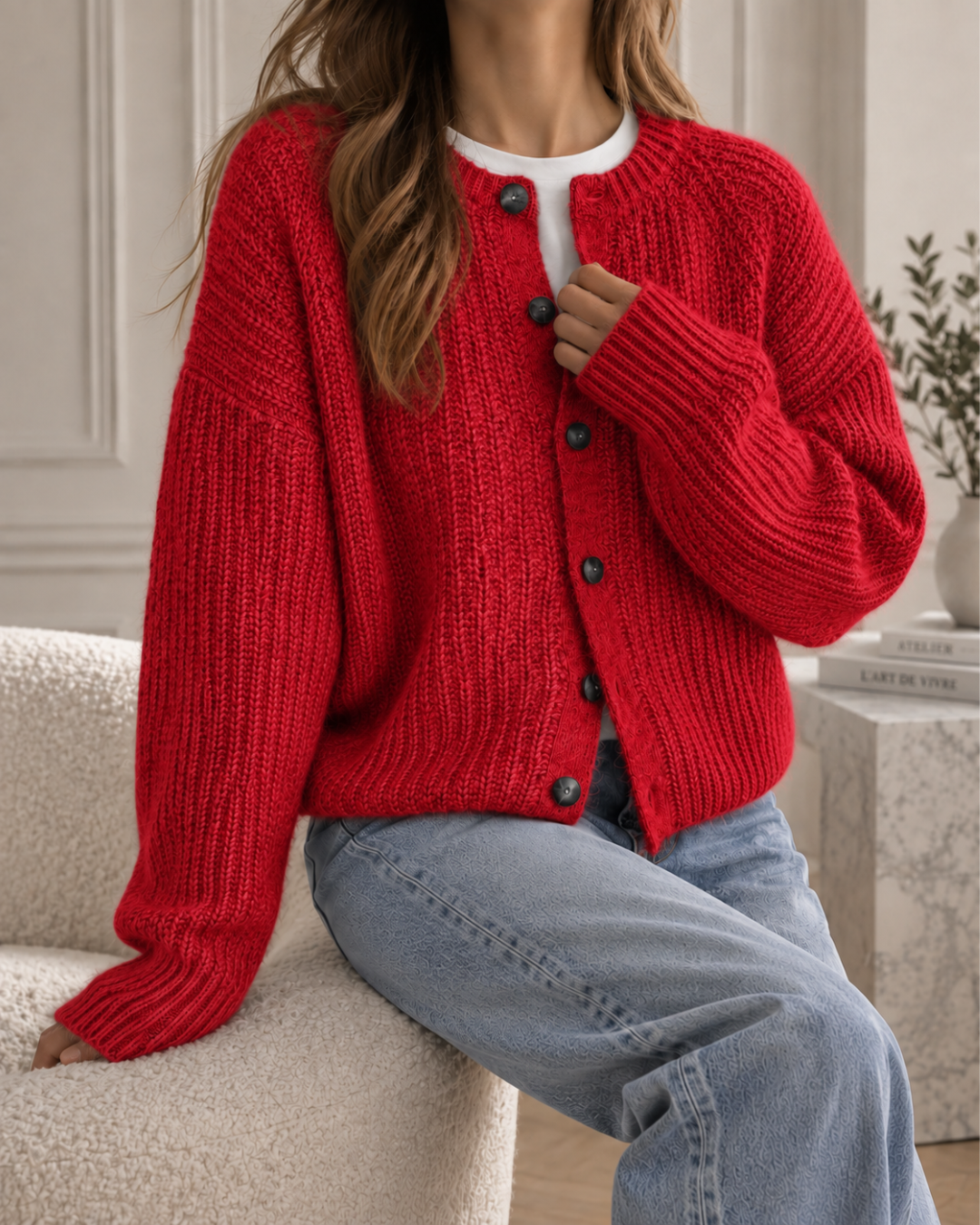 Cardigan femme rouge en maille côtelée, coupe ample avec manches longues et fermeture à gros boutons noirs.