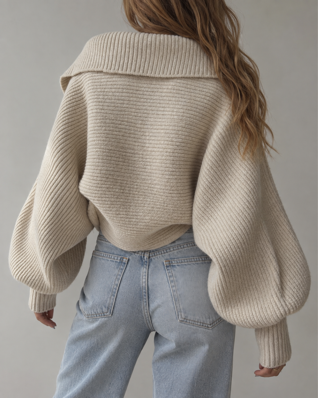 Pull Oversize Femme en Maille à Col Polo Manches Longues