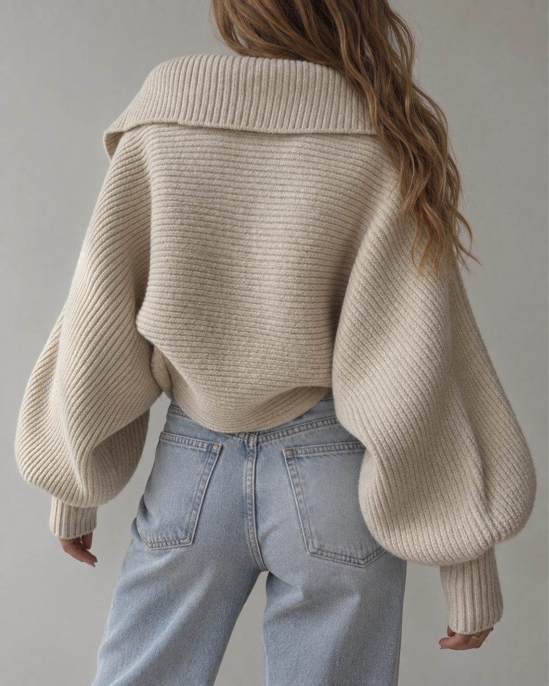 Pull Oversize Femme en Maille à Col Polo Manches Longues