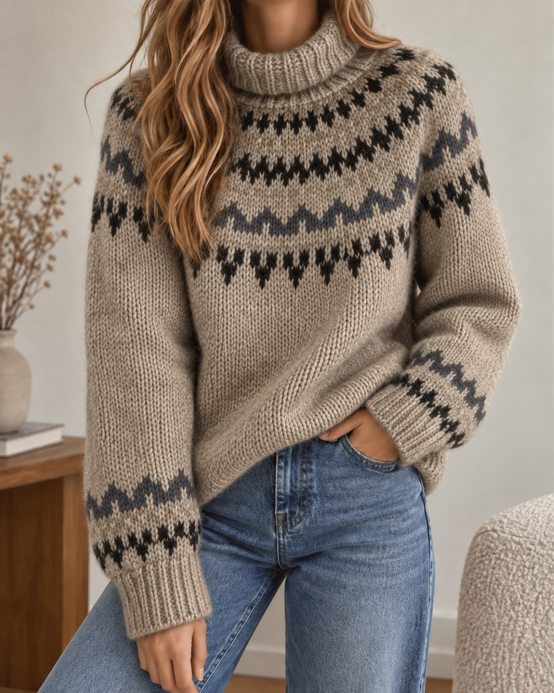 Pull oversize femme gris en grosse maille, à col roulé et manches longues, avec motifs jacquard noirs et gris anthracite.