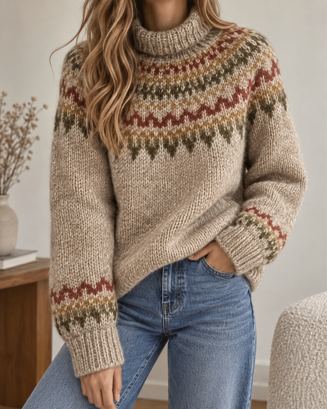 Pull femme oversize beige en grosse maille, à col roulé et manches longues, avec motifs jacquard multicolores bordeaux, moutarde et vert kaki.
