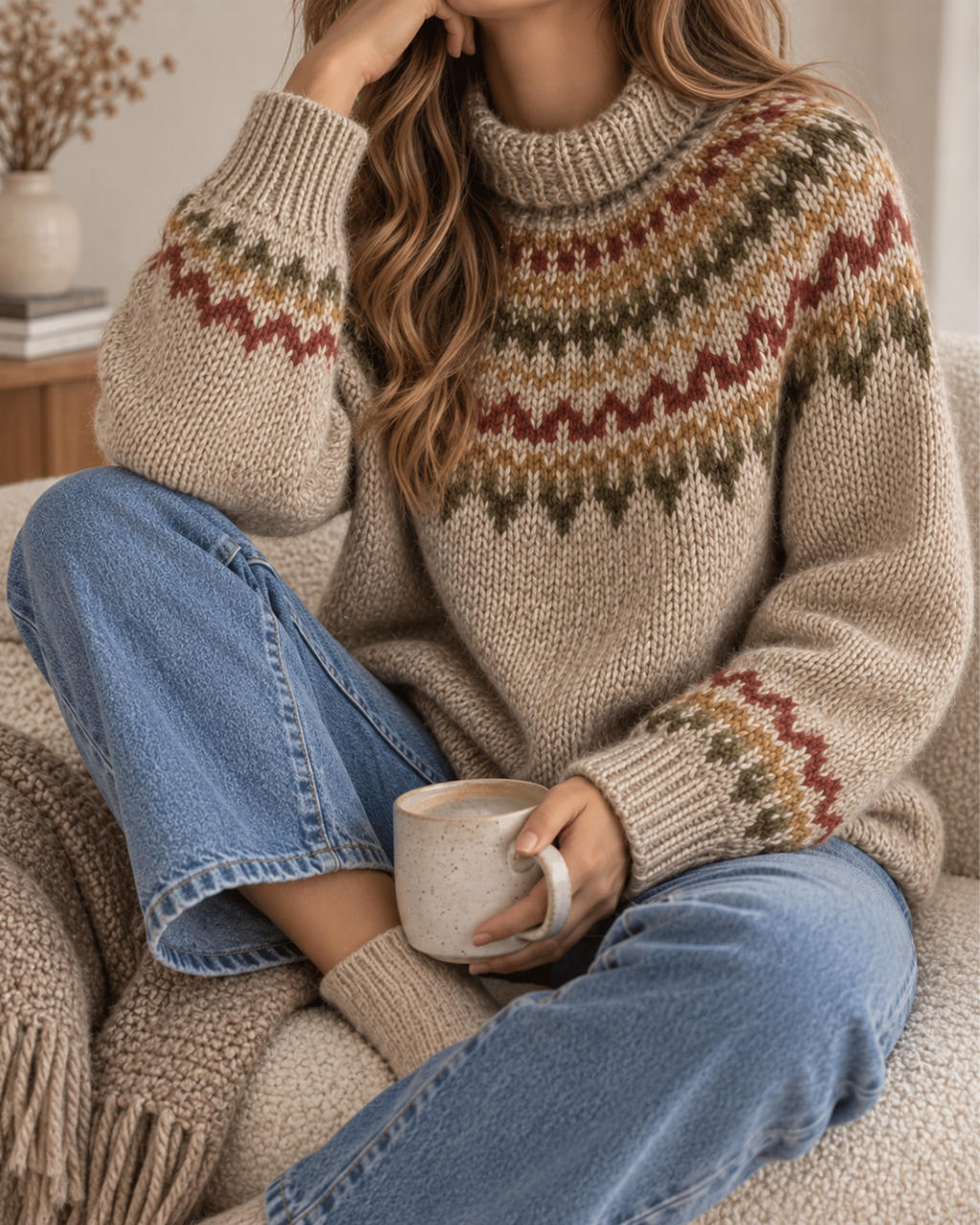 Pull Femme Élégant Hiver en Maille à Col Roulé Jacquard