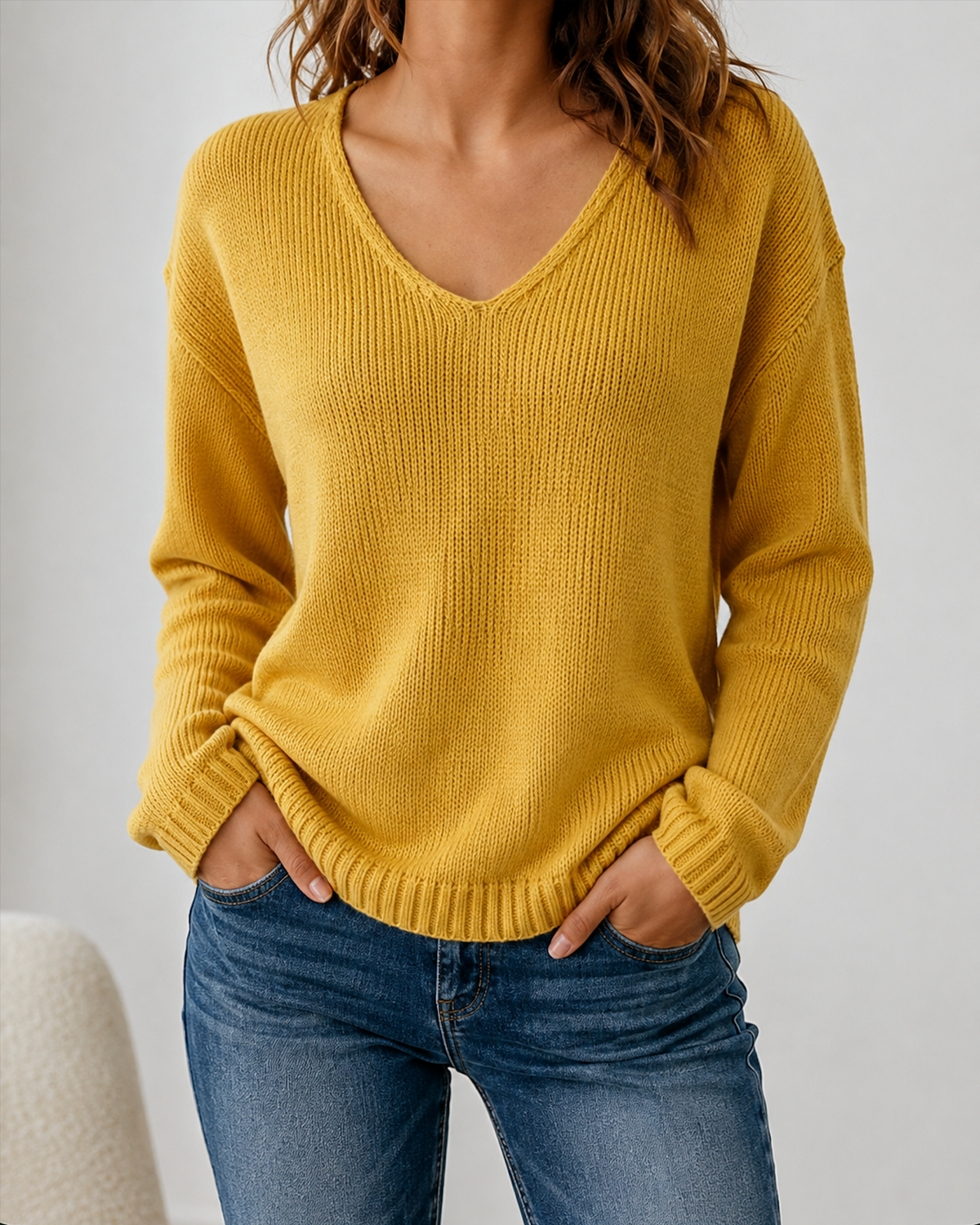 Pull jaune en tricot pour femme à col V, manches longues et coupe décontractée