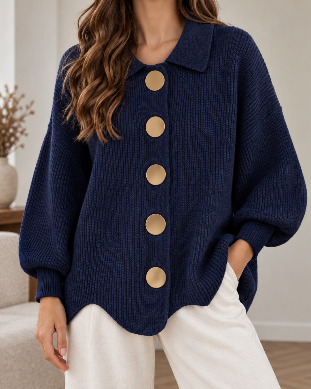 Pull oversize femme marine en maille côtelée, à col chemise, manches longues bouffantes et gros boutons dorés, porté avec un pantalon blanc.