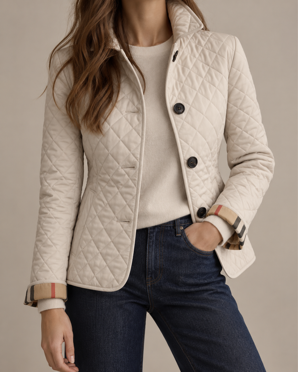 Veste matelassée femme beige à col montant, coupe ajustée, manches longues et fermeture à gros boutons noirs.