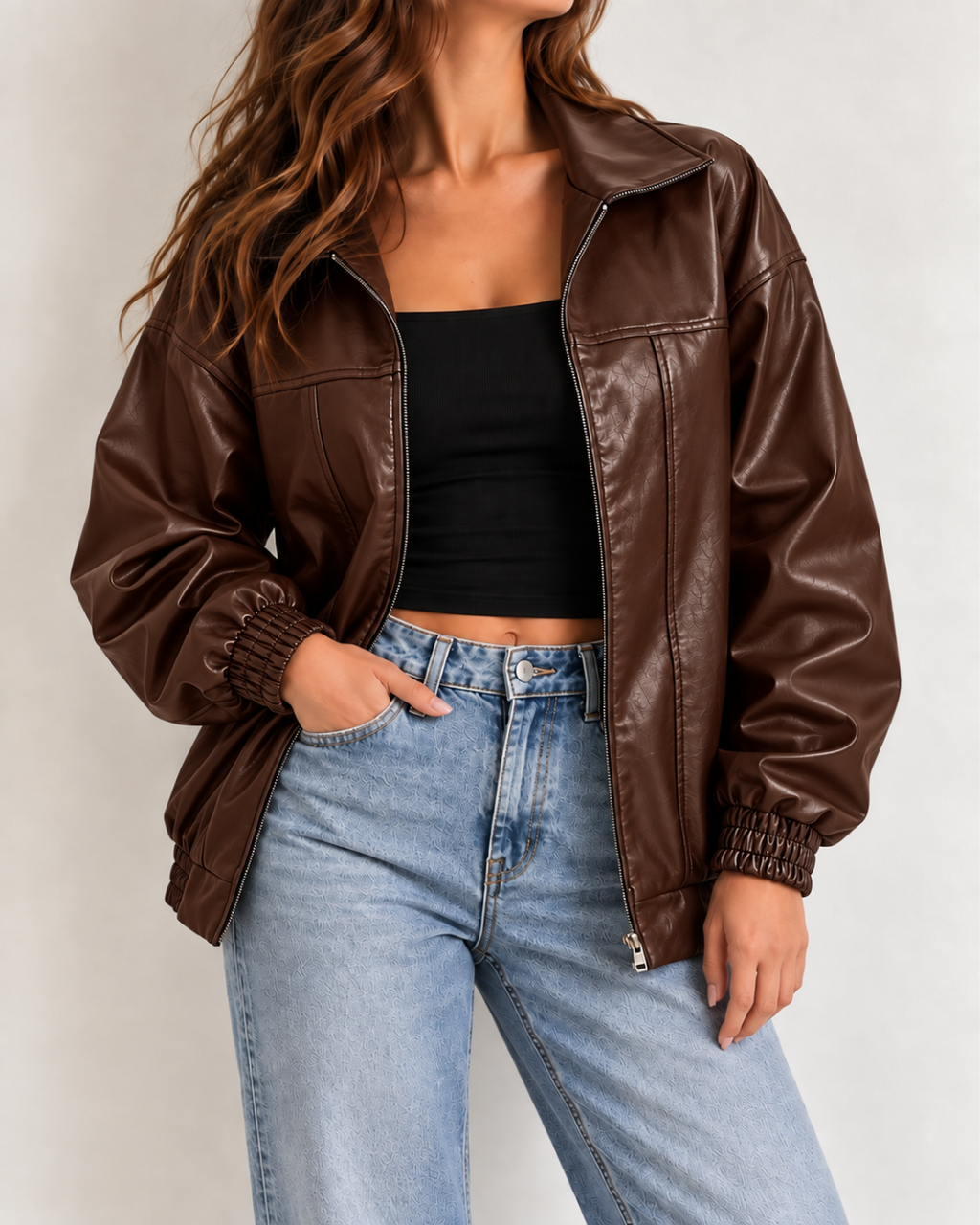 Veste femme marron en cuir, coupe décontractée avec col chemise, fermeture zippée et manches longues à poignets élastiqués.