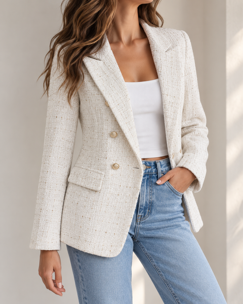 Veste de tailleur femme écrue en tissu texturé, coupe cintrée avec col à revers, boutons dorés et poches à rabat.