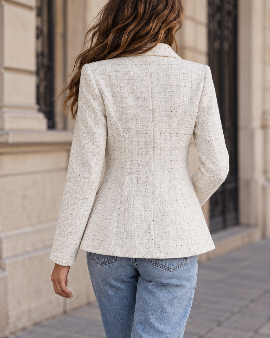 Blazer Femme Cintré en Tweed à Double Boutonnage