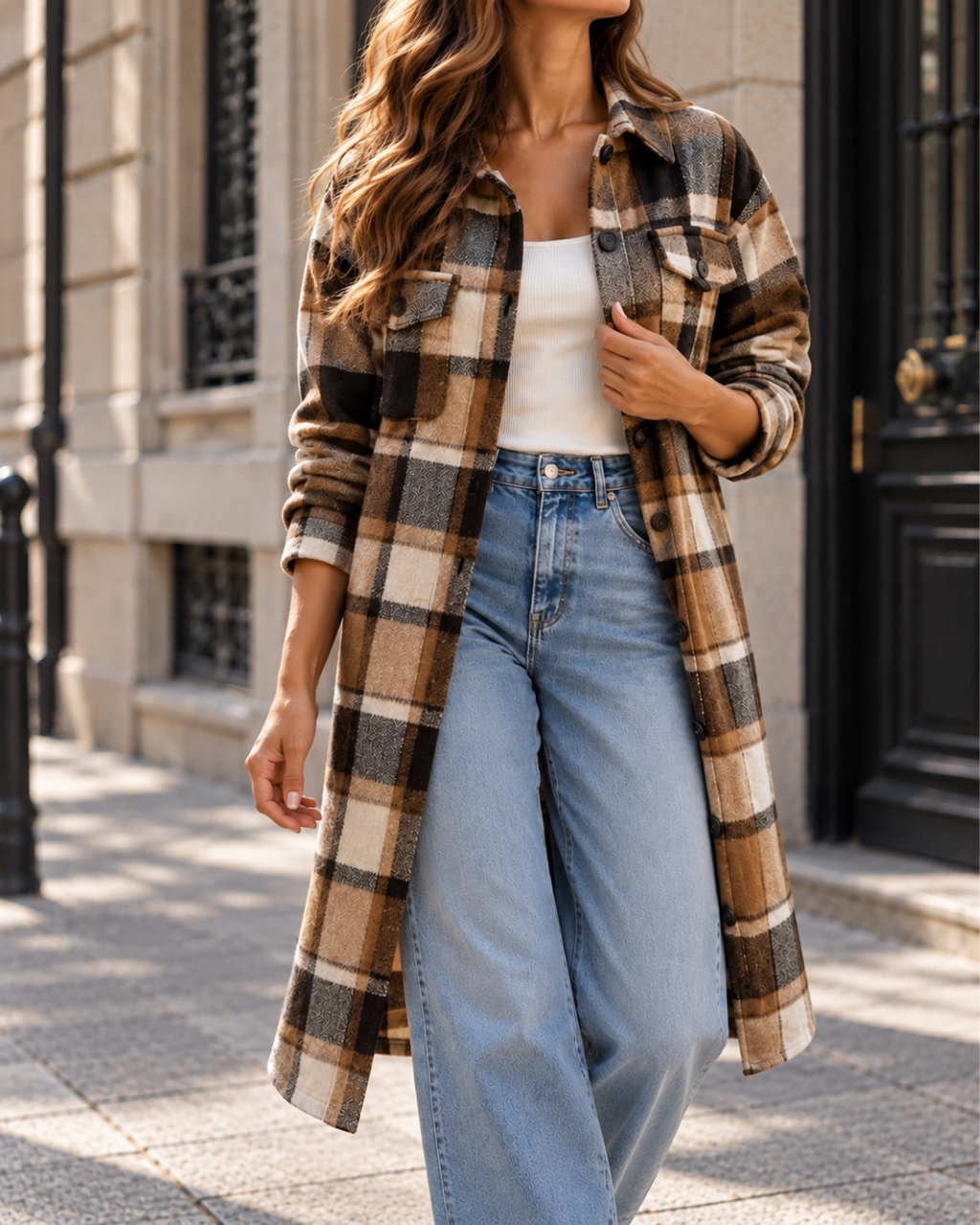 Manteau Long Femme Hiver à Carreaux Style Surchemise