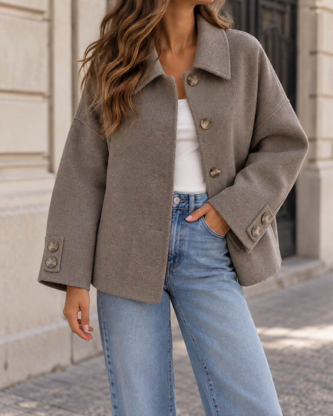 Manteau court femme gris à coupe ample, avec col chemise, manches longues et fermeture à gros boutons.