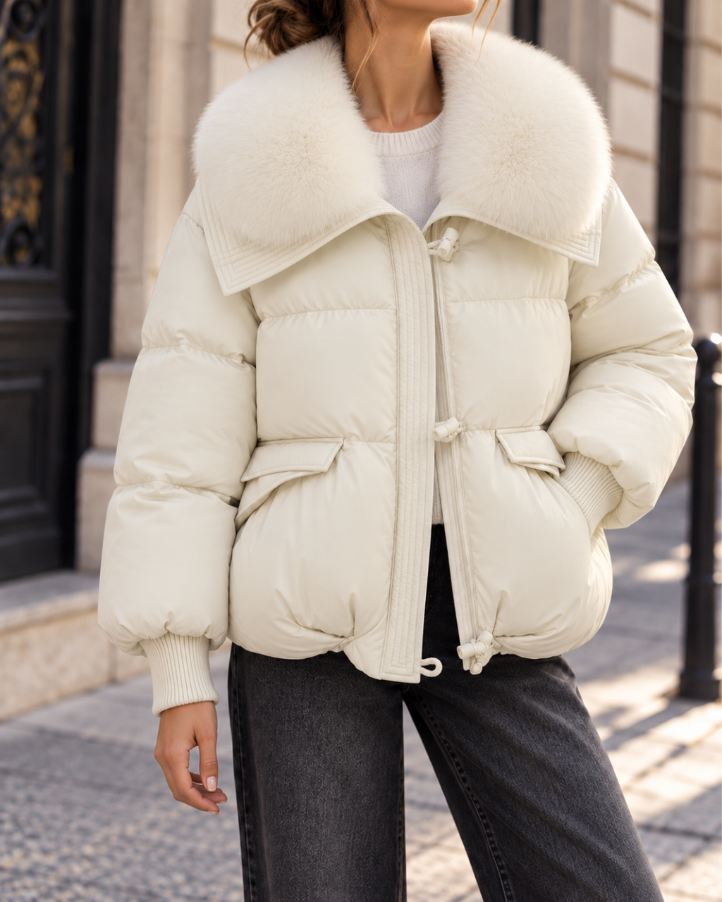 Doudoune courte femme ivoire avec grand col en fausse fourrure, manches longues, taille ajustable et poches à rabat
