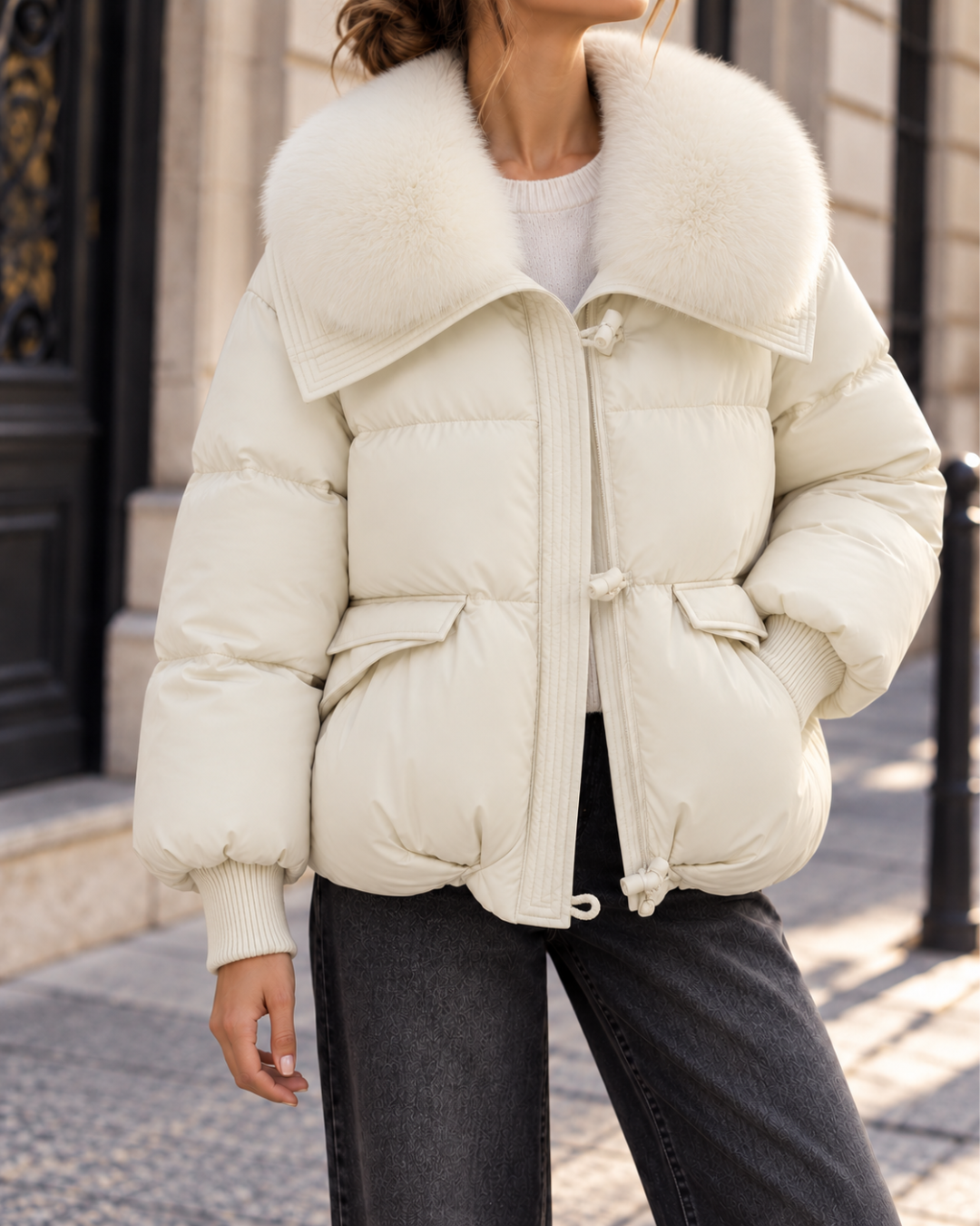 Doudoune courte femme ivoire avec grand col en fausse fourrure, manches longues, taille ajustable et poches à rabat