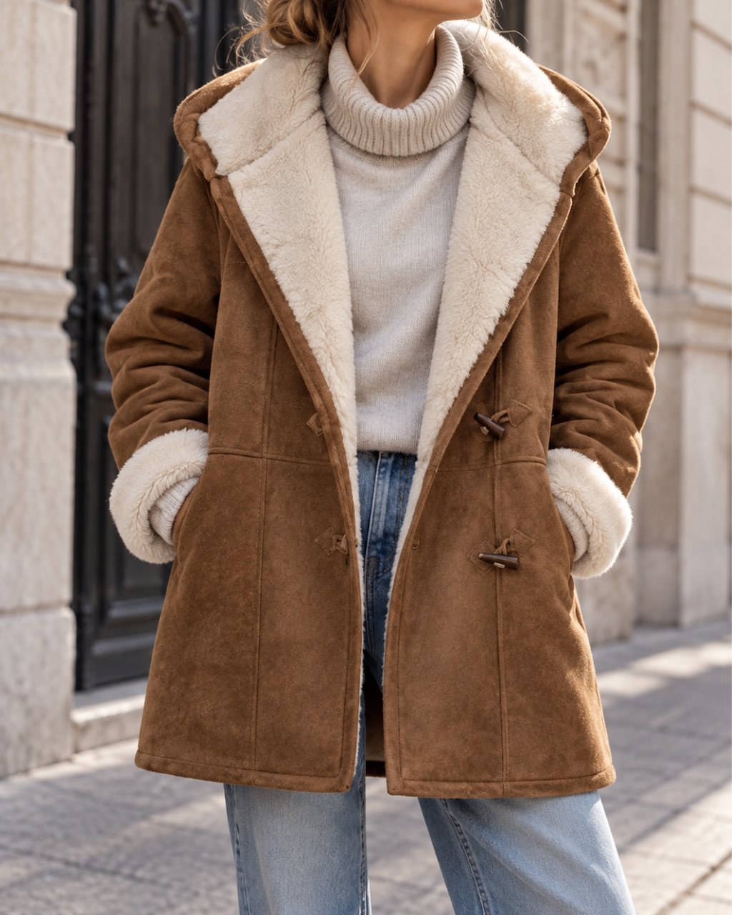 Manteau d’hiver femme marron en suédine, avec capuche, doublure en fausse fourrure écrue, manches longues et fermeture à brandebourgs.