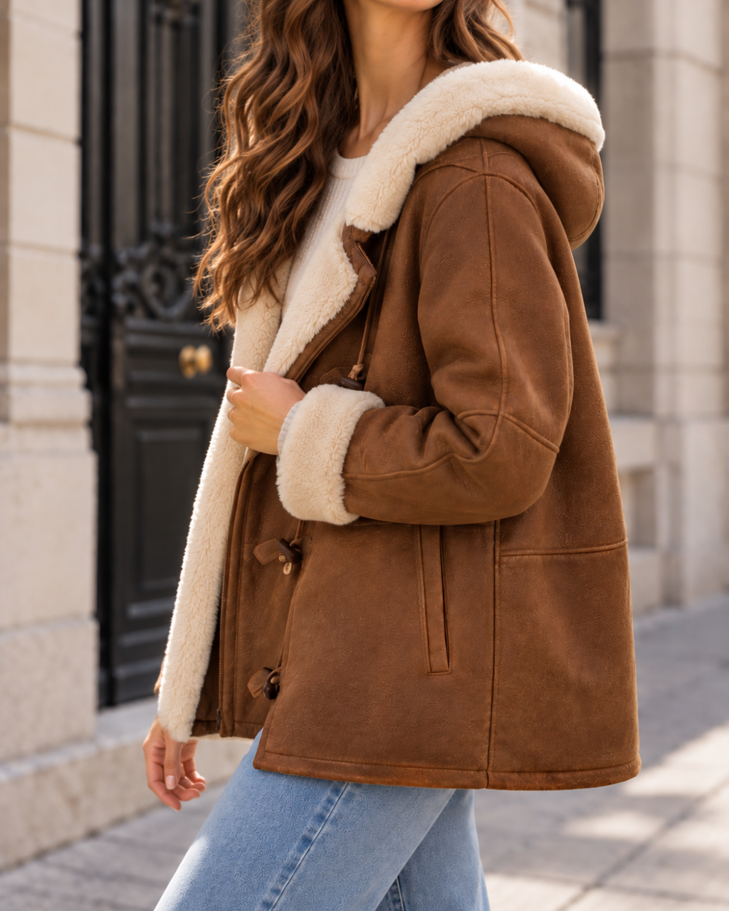 Manteau Femme Hiver Chaud Fourrure à Capuche en Suédine