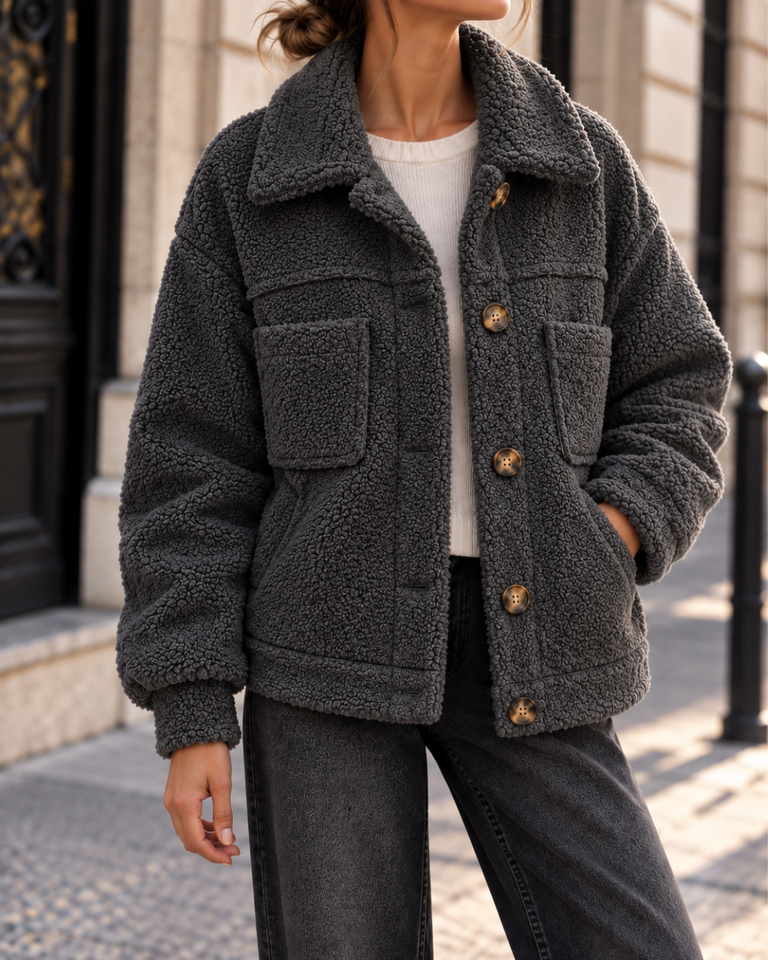 Veste femme gris en fausse fourrure bouclée, coupe ample avec grand col, manches longues, poches plaquées et fermeture boutonnée.