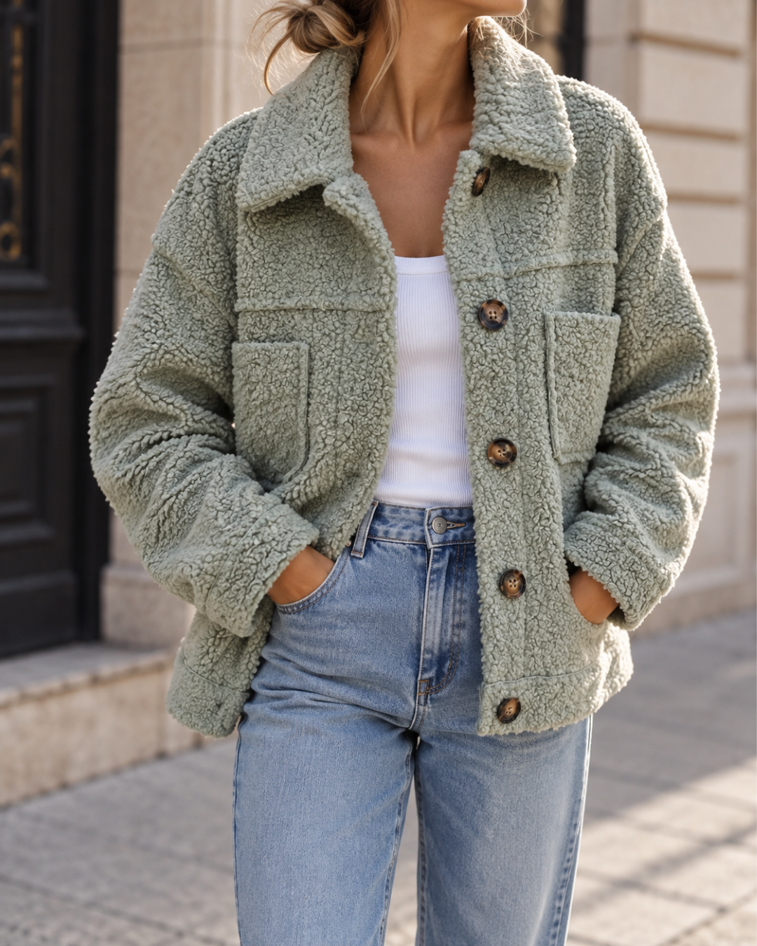 Veste femme vert en fausse fourrure bouclée, coupe ample avec grand col, manches longues, poches plaquées et fermeture boutonnée.