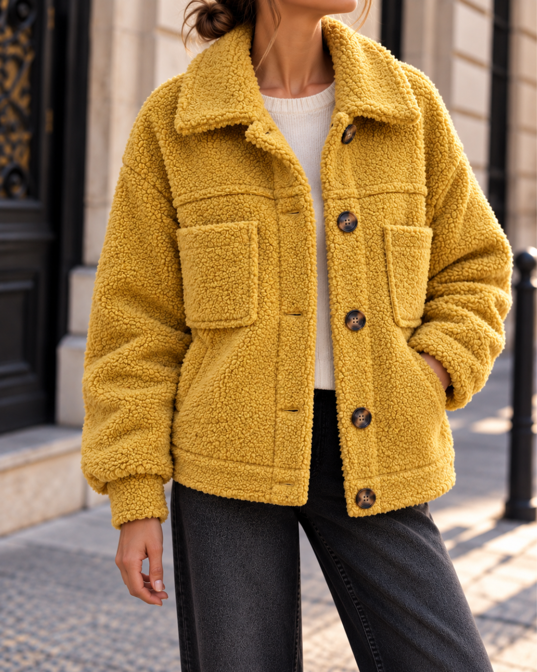 Veste femme jaune en fausse fourrure bouclée, coupe ample avec grand col, manches longues, poches plaquées et fermeture boutonnée.
