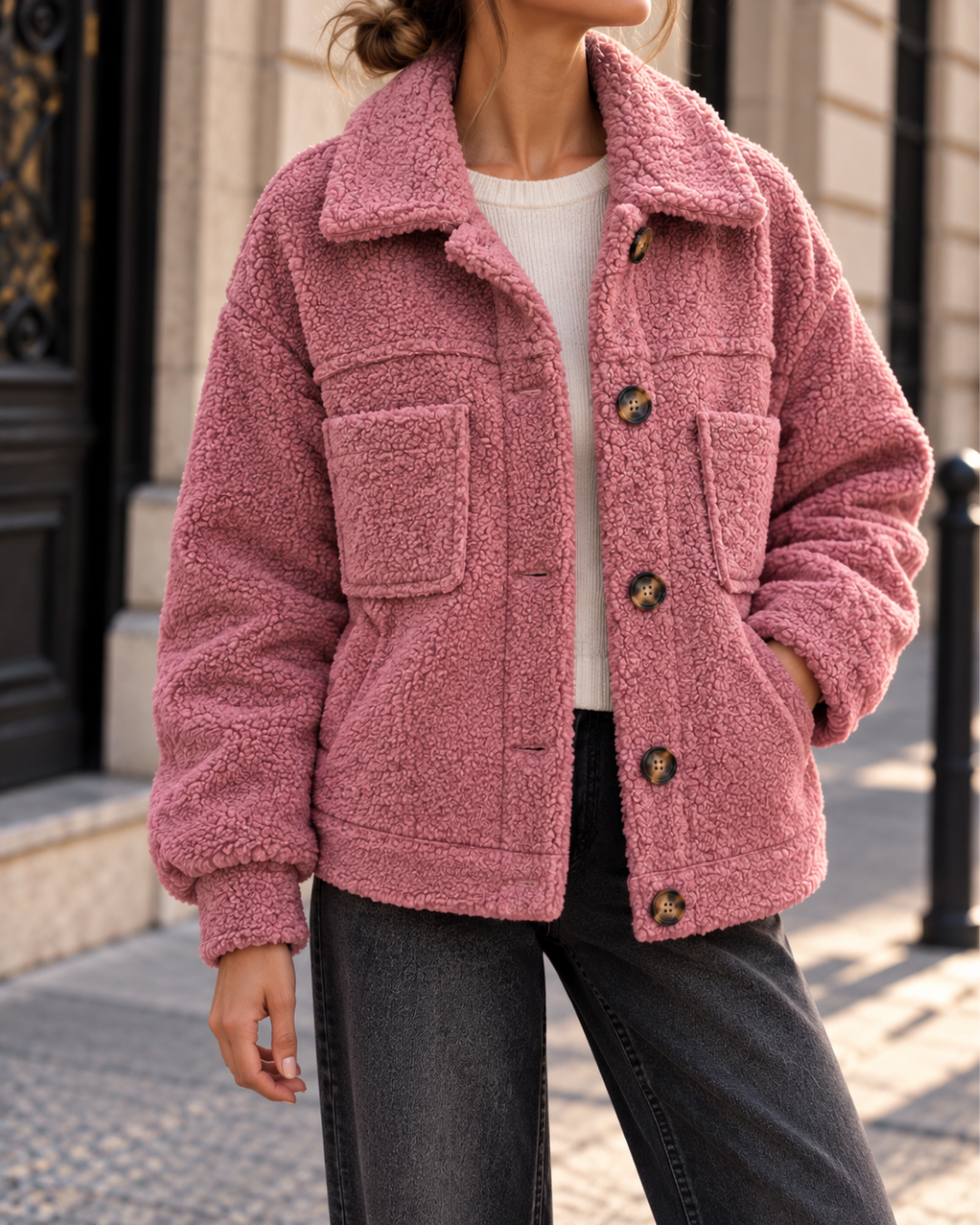 Veste femme rose en fausse fourrure bouclée, coupe ample avec grand col, manches longues, poches plaquées et fermeture boutonnée.