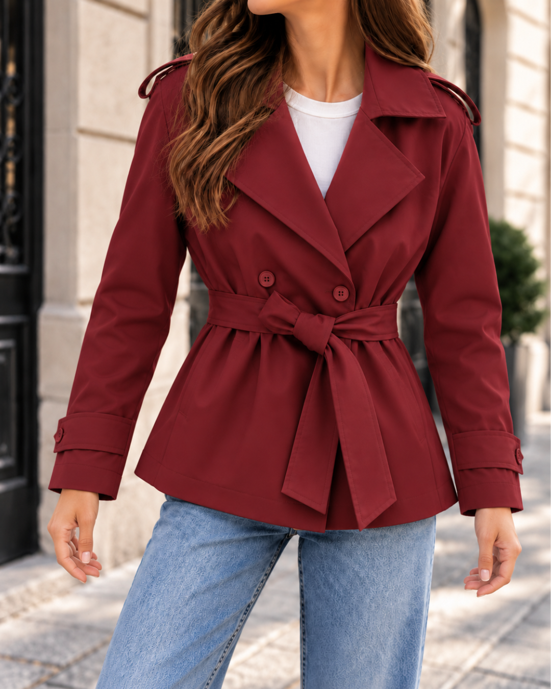 Veste trench courte femme bordeaux, coupe cintrée avec ceinture à nouer, col à revers, double boutonnage et manches longues