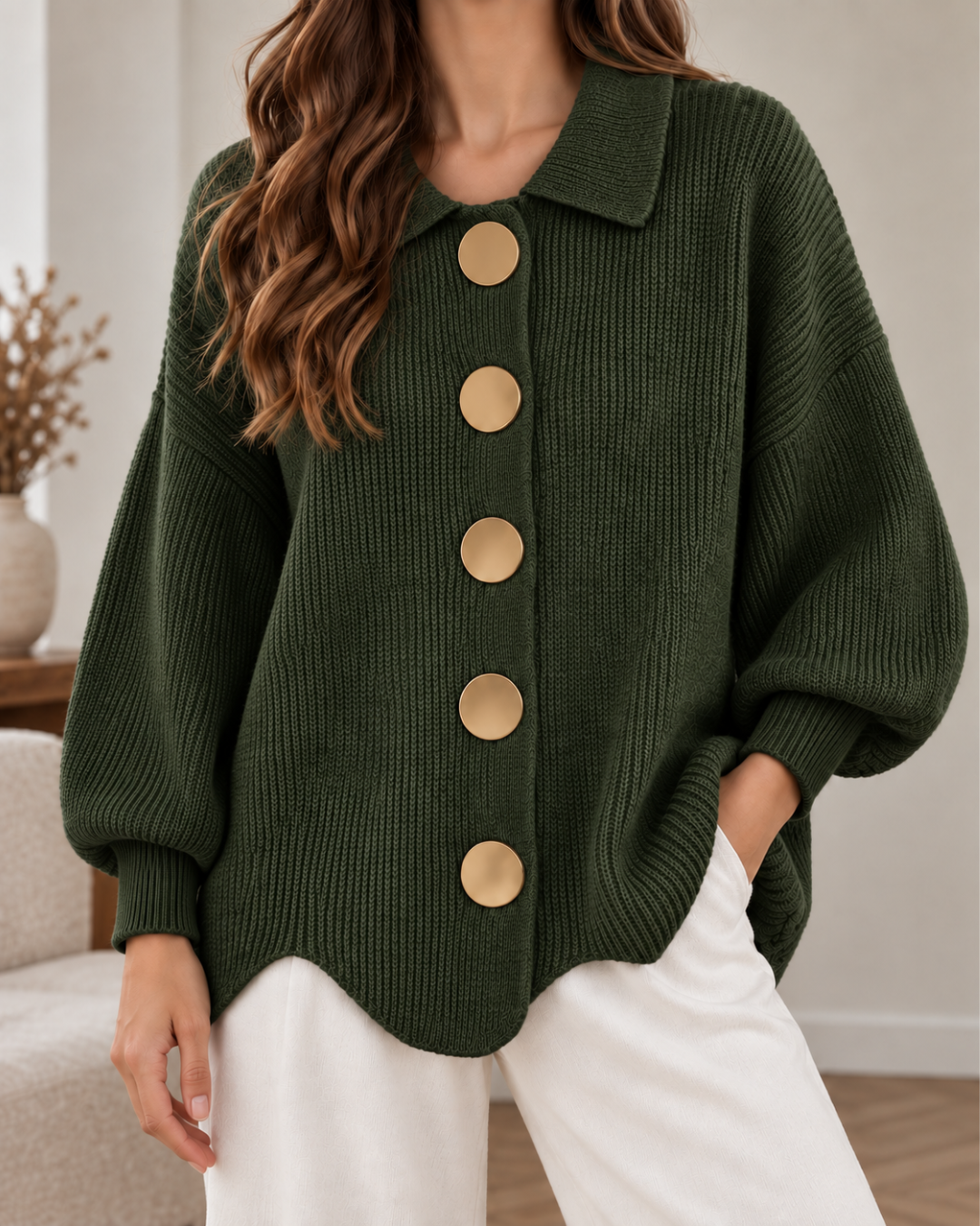 Pull oversize femme vert foncé en maille côtelée, à col chemise, manches longues bouffantes et gros boutons dorés, porté avec un pantalon blanc.