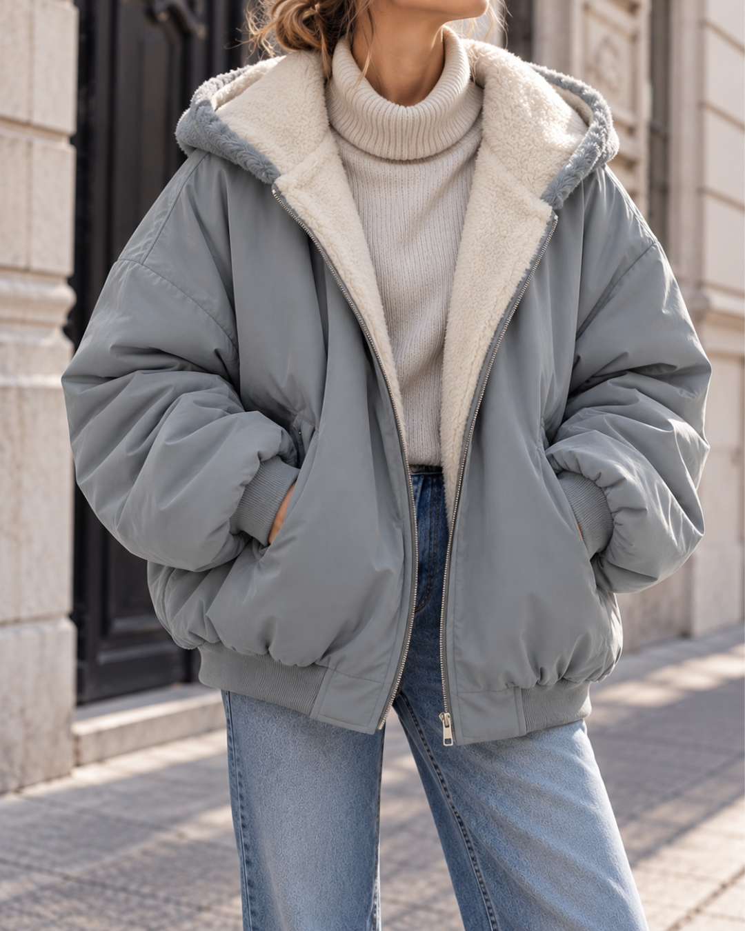 Bomber femme bleu oversize avec capuche, doublure en fausse fourrure noire, fermeture zippée et manches longues.