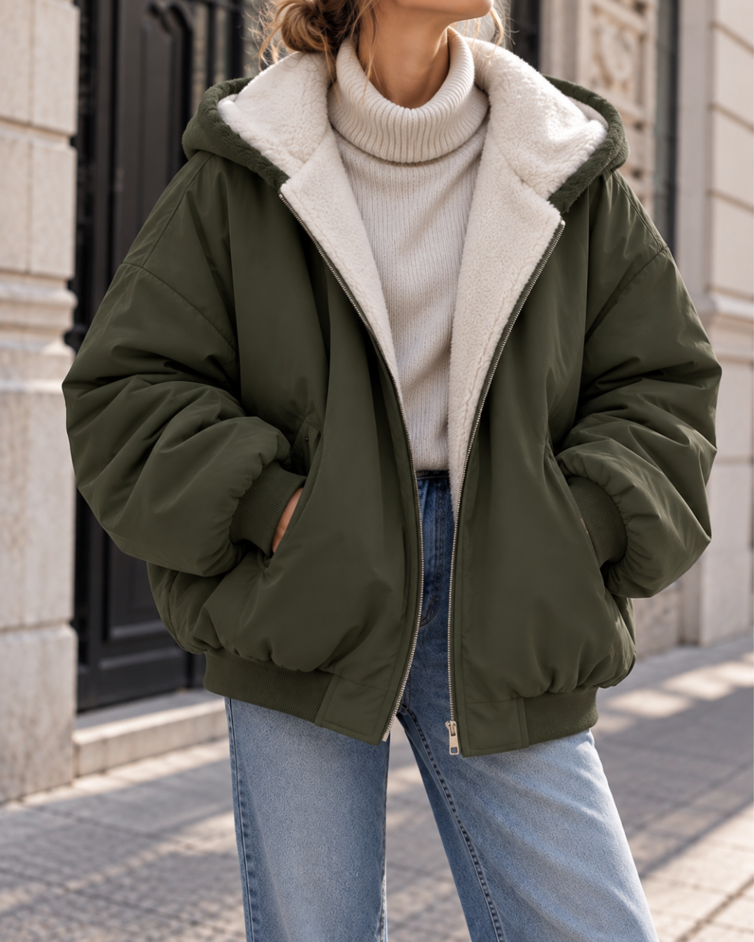 Bomber femme vert foncé oversize avec capuche, doublure en fausse fourrure noire, fermeture zippée et manches longues.