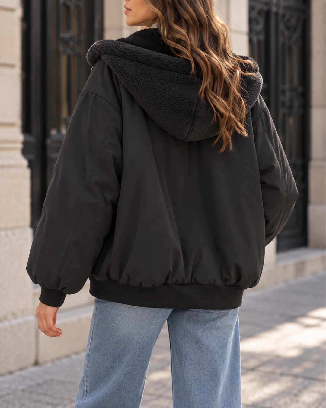 Veste Bomber Femme Hiver Oversize Chaud Fourré à Capuche