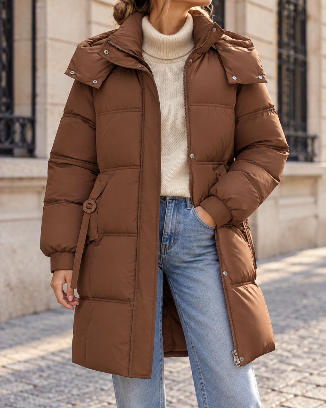 Doudoune longue femme marron avec capuche amovible, col montant, manches longues, fermeture zippée et taille ajustable.