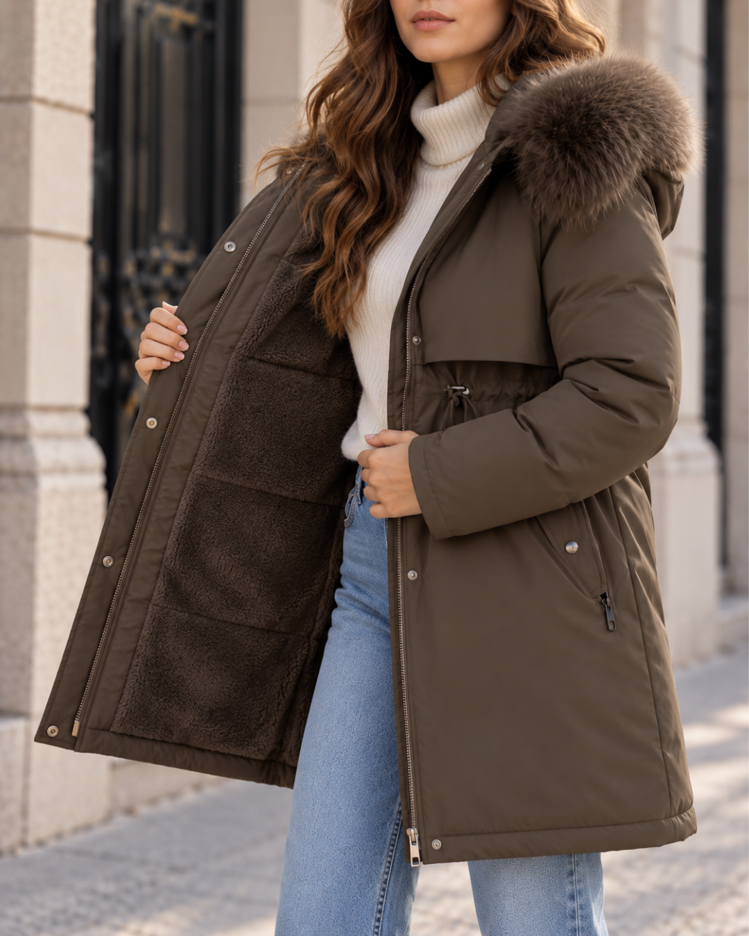 Parka Femme Hiver Chaude à Capuche Fourrure Cintrée