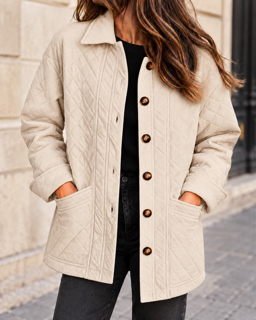 Veste matelassée Ivoire pour femme, coupe droite avec col chemise, fermeture boutonnée et grandes poches plaquées.
