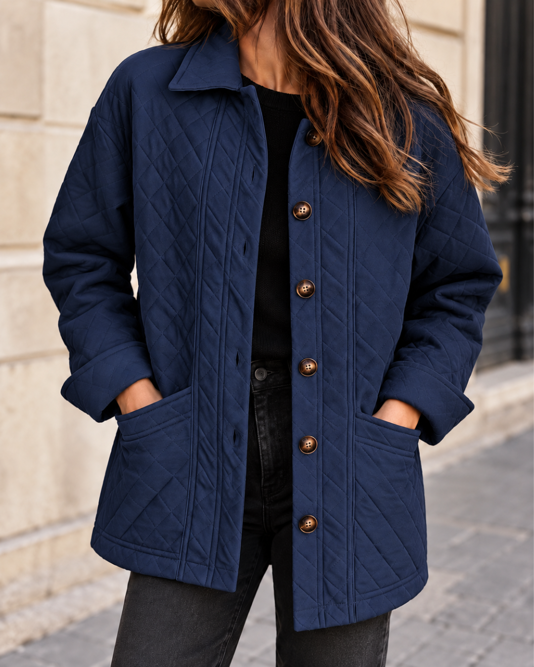 Veste matelassée marine pour femme, coupe droite avec col chemise, fermeture boutonnée et grandes poches plaquées.
