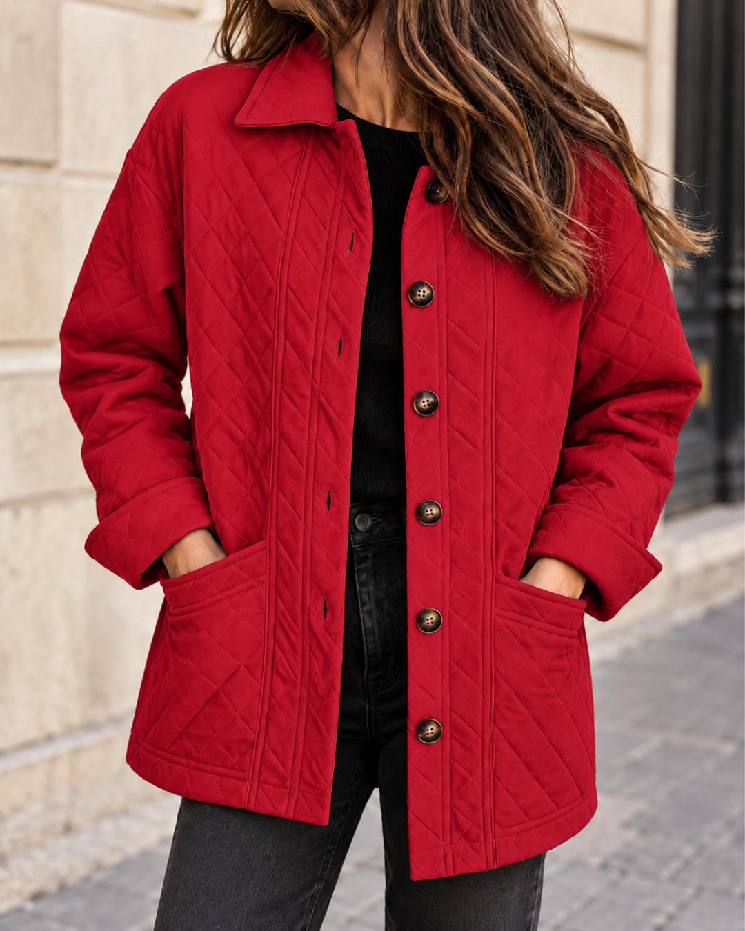 Veste matelassée Rouge pour femme, coupe droite avec col chemise, fermeture boutonnée et grandes poches plaquées.
