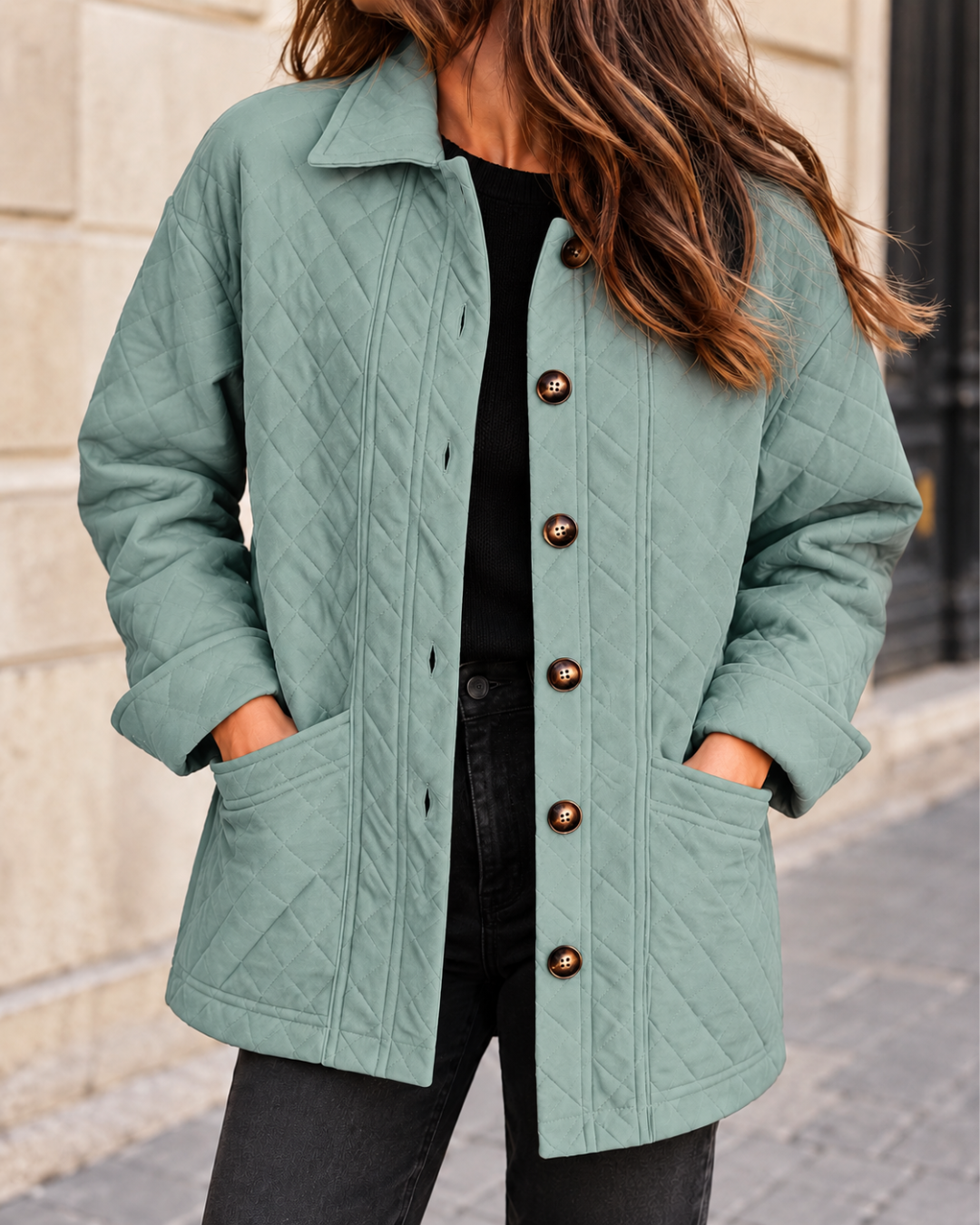Veste matelassée Vert pour femme, coupe droite avec col chemise, fermeture boutonnée et grandes poches plaquées.