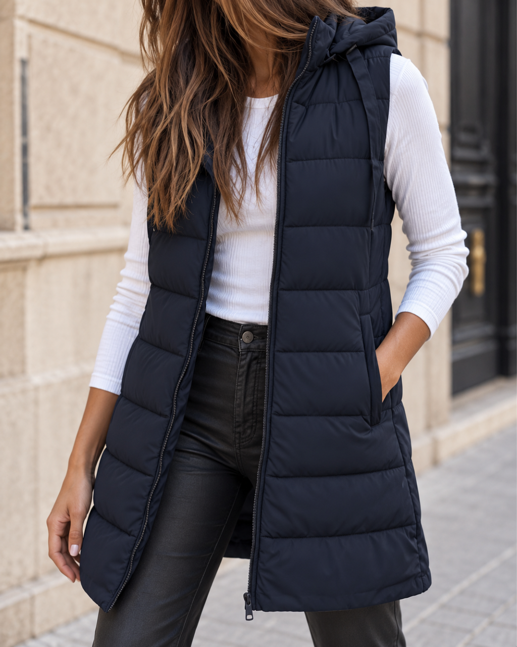 Manteau sans manches matelassé bleu marine pour femme, coupe longue avec capuche, fermeture zippée et poches latérales.