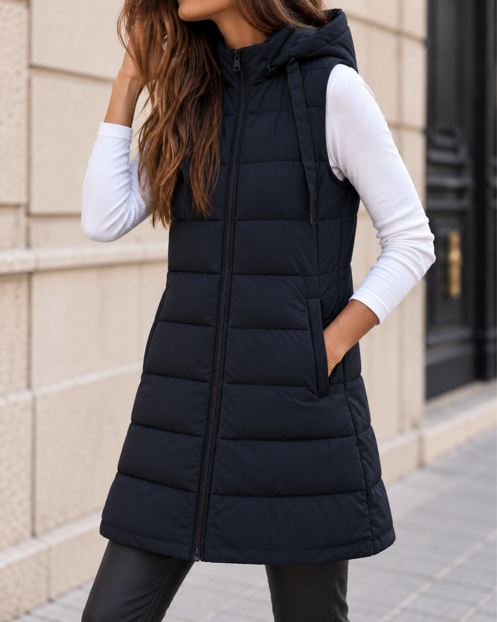 Doudoune Longue Sans Manches Femme à Capuche Zippée