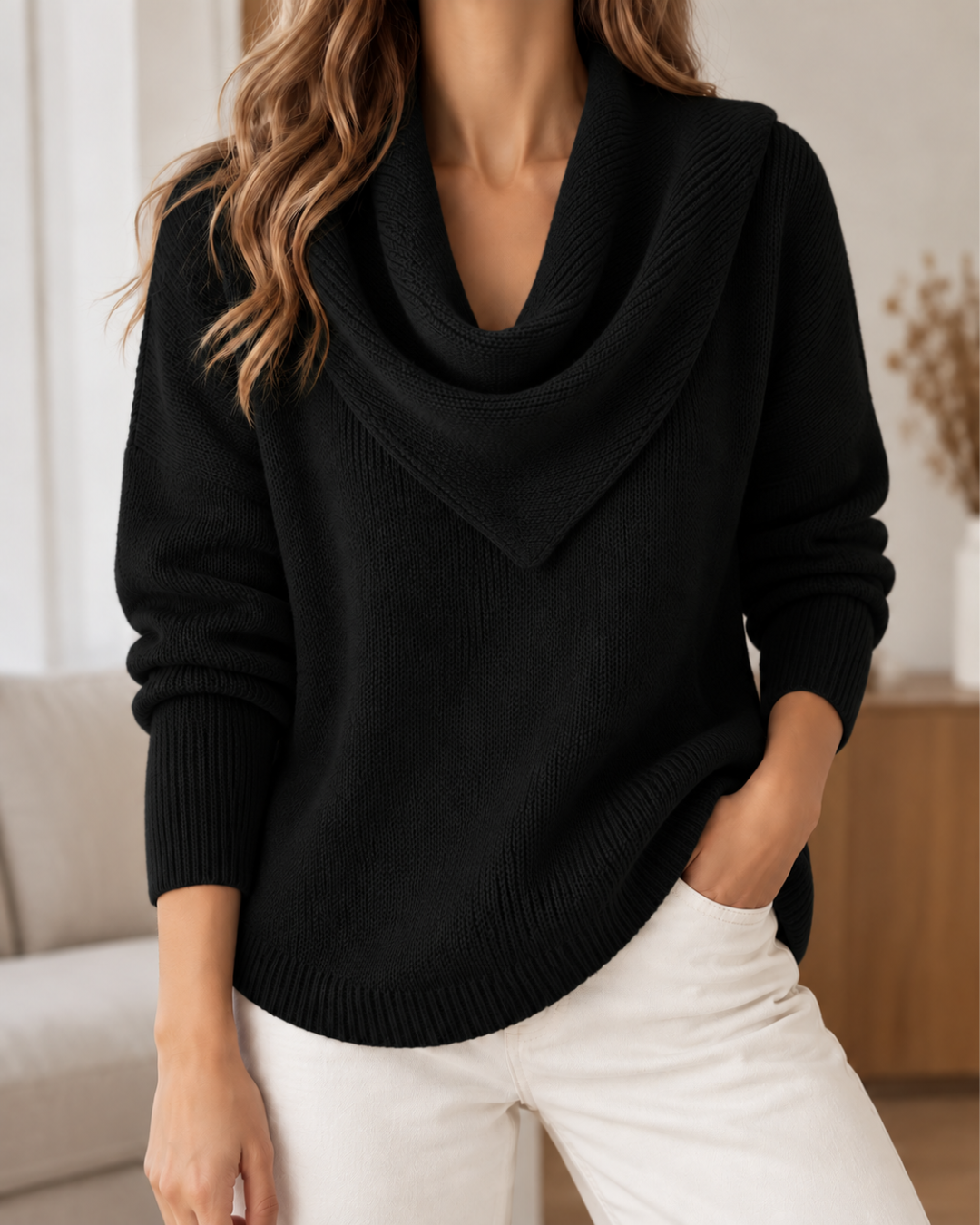 Pull élégant femme noir en maille, à col bénitier drapé, coupe ample et manches longues, porté avec un pantalon blanc.