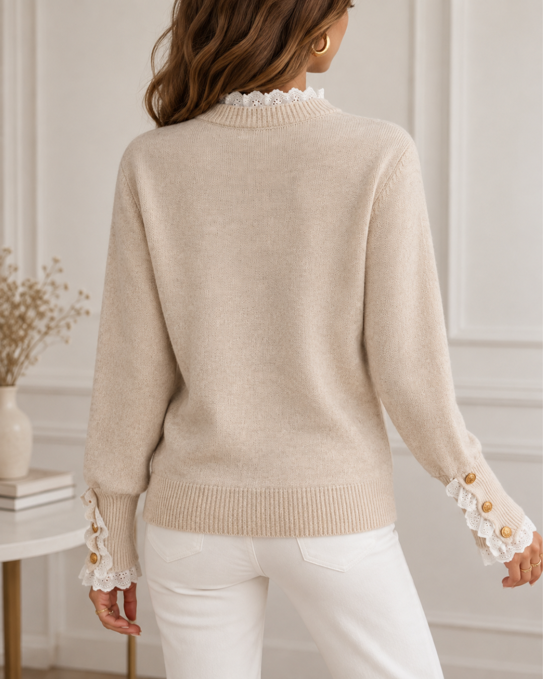 Pull Femme Chic en Maille Col Rond Poignets Boutonnés