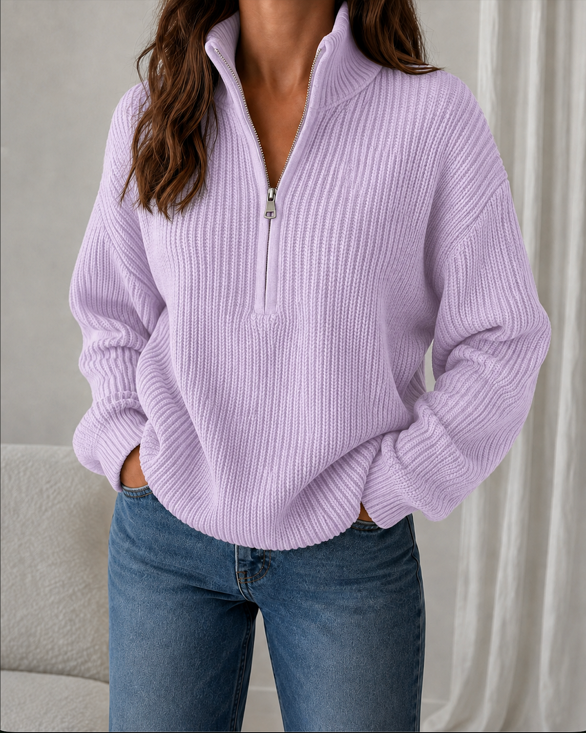 Pull violet en tricot côtelé pour femme à col montant zippé, manches longues et coupe décontractée