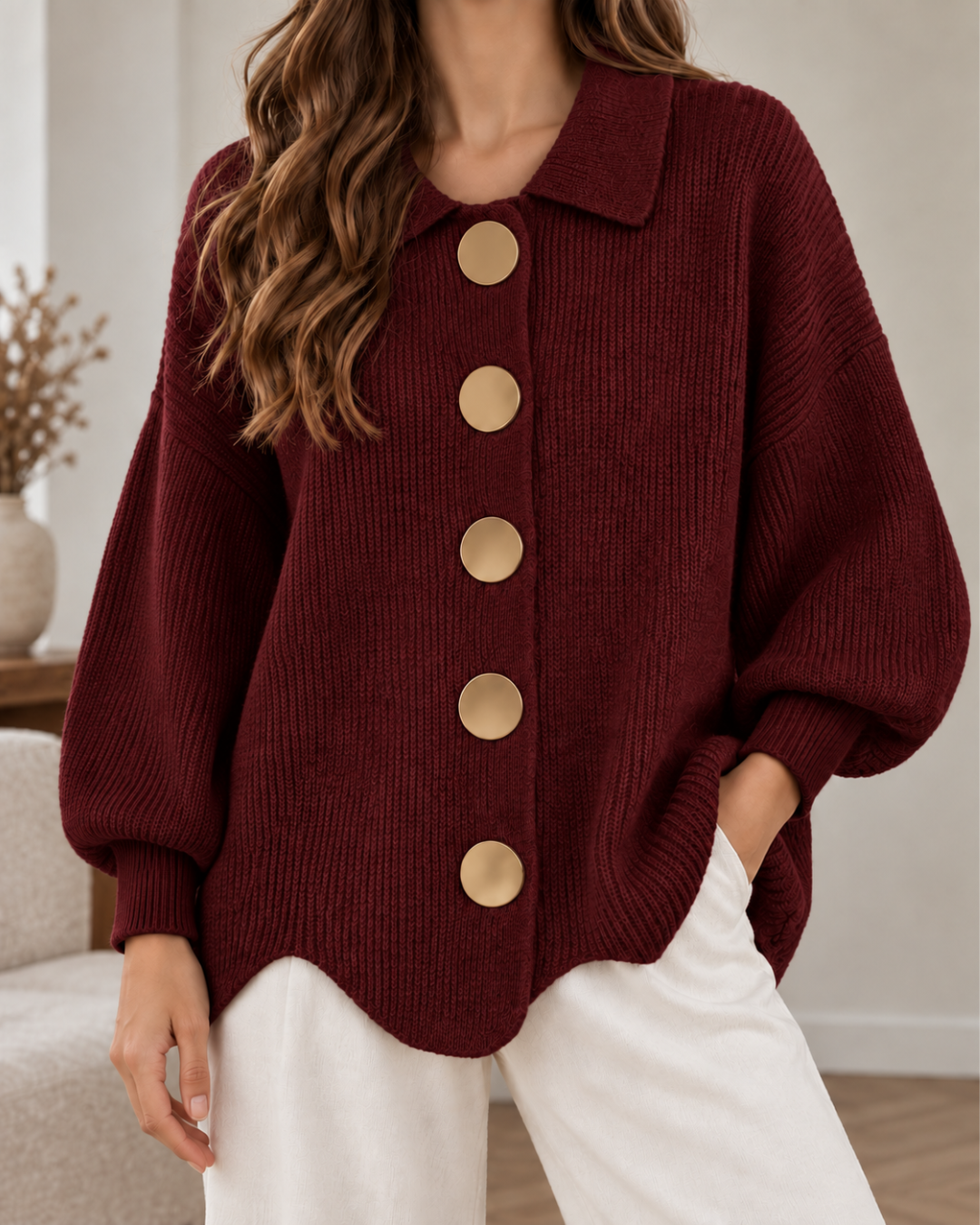 Pull oversize femme rouge vin en maille côtelée, à col chemise, manches longues bouffantes et gros boutons dorés, porté avec un pantalon blanc.