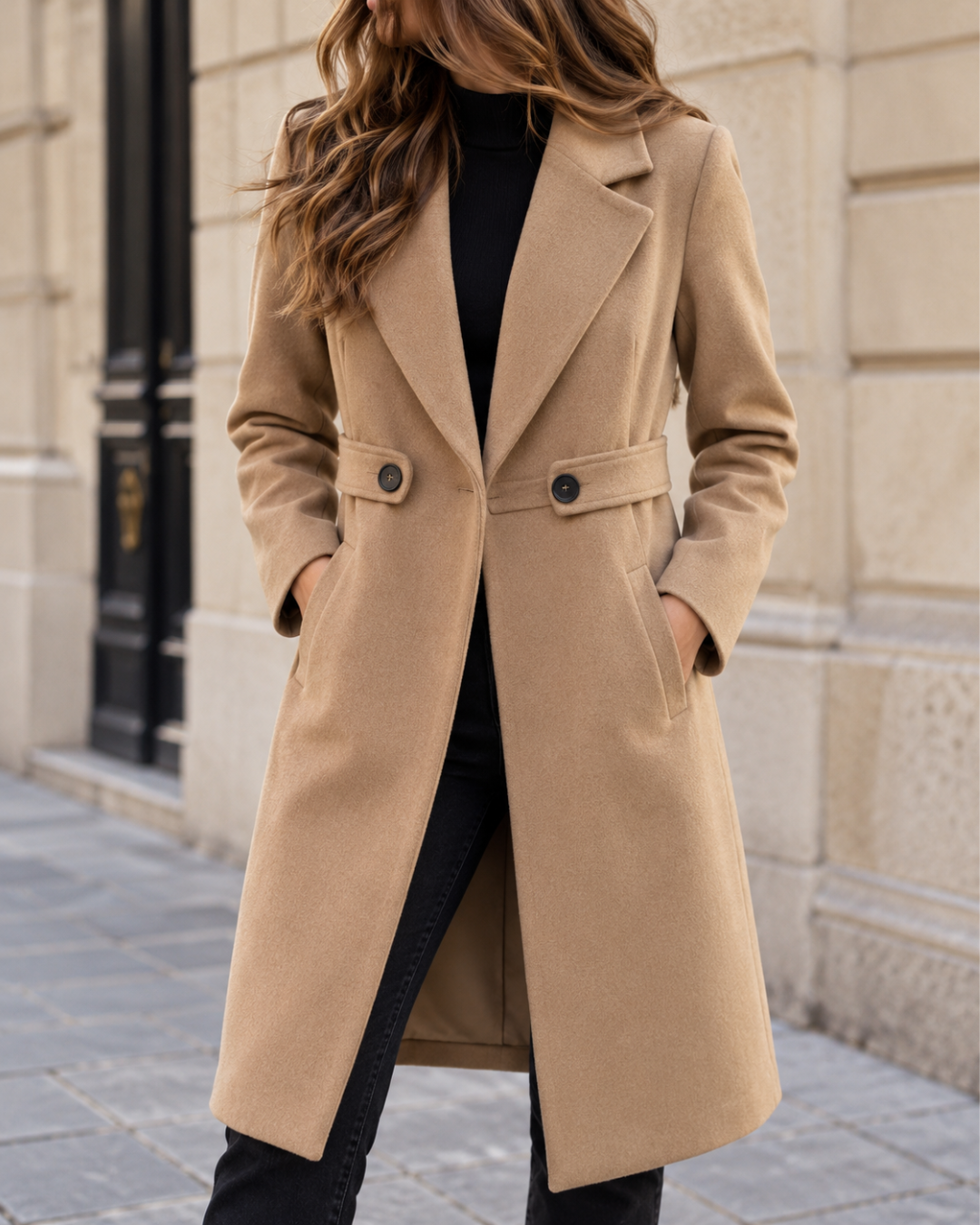 Manteau long camel pour femme, coupe ajustée avec larges revers, détails boutonnés à la taille et poches latérales.