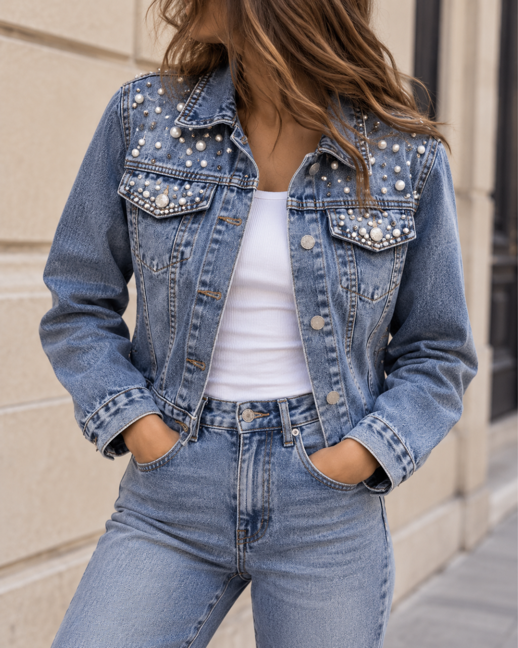 Veste en jean bleu pour femme, coupe courte avec boutons métalliques, poches poitrine et détails ornés de perles et strass.