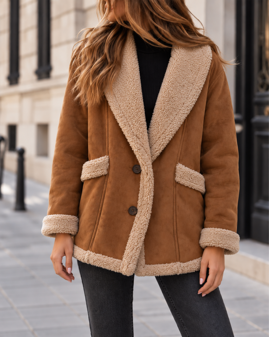 Veste taupe clair pour femme style daim, doublée effet sherpa beige avec larges revers, poignets contrastants et fermeture boutonnée.