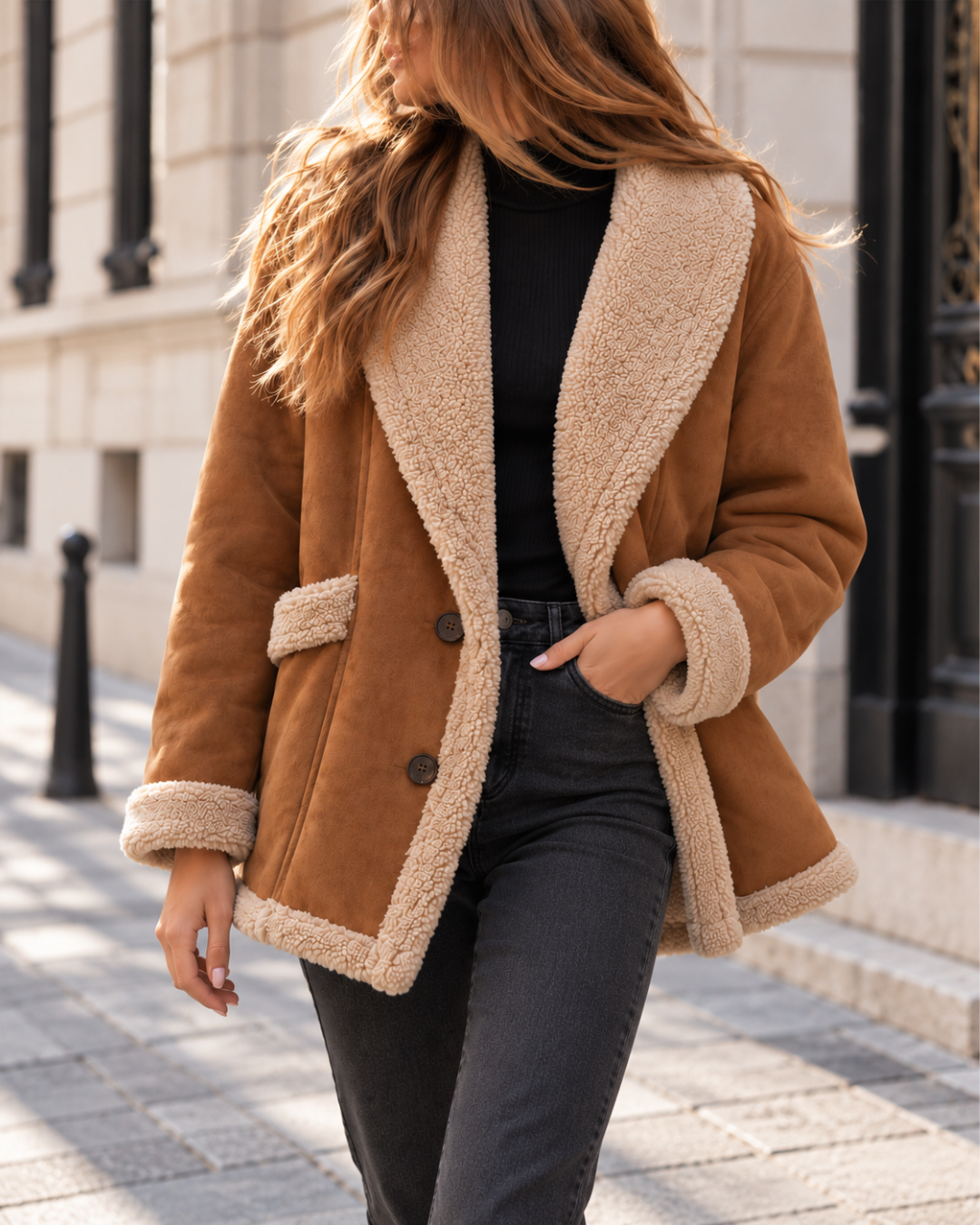 Veste Femme Daim Doublée Sherpa Chaude à Boutons